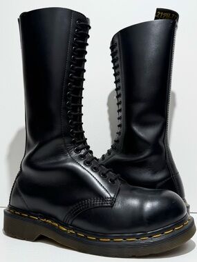 Vintage Dr. Martens England Black 1942 Steel Toe 20 Eye Tall Boots UK 4
